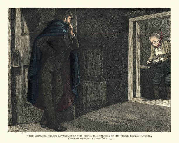 Dickens, Little Dorrit, Stranger looked intently and wonderingly at him Vintage engraving of scene from the Charles Dickens novel, Little Dorrit.  The stranger, taking advantage of this fitful illumination of his visage, looked intently and wonderingly at him wonderingly stock illustrations