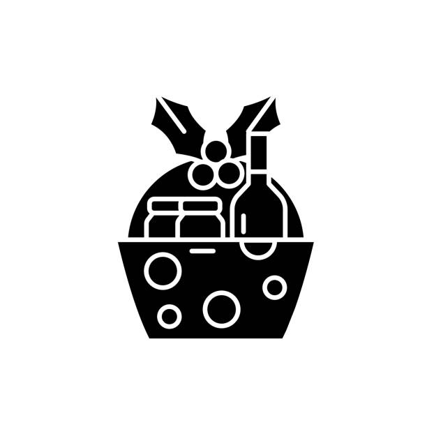 ilustraciones, imágenes clip art, dibujos animados e iconos de stock de icono de cesta negra de regalo de navidad, vector de señal sobre fondo aislado. navidad regalo cesta concepto símbolo ilustración - cesta de navidad