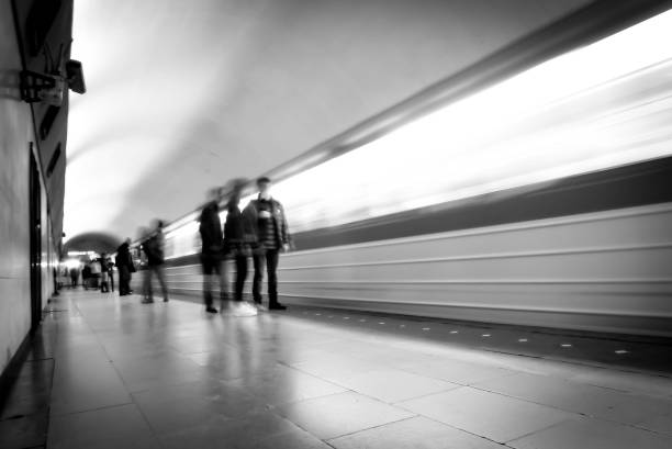 istock Moving train in the subway. Train silhouette in black and white. Moving train. 1078039916
