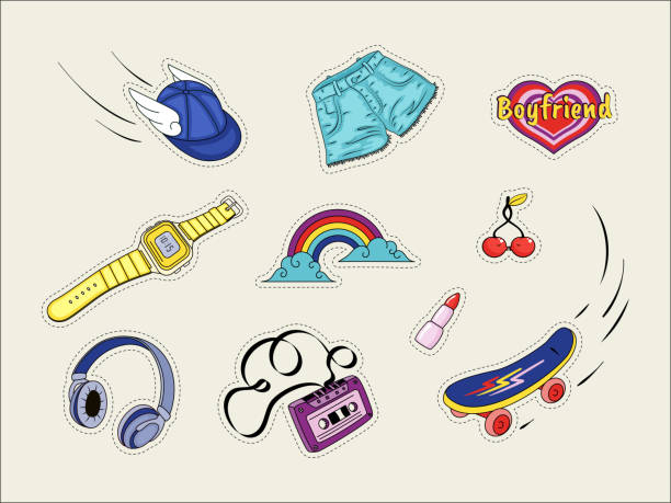 ilustrações, clipart, desenhos animados e ícones de conjunto de patches com emblemas de moda retrô style - top hat audio