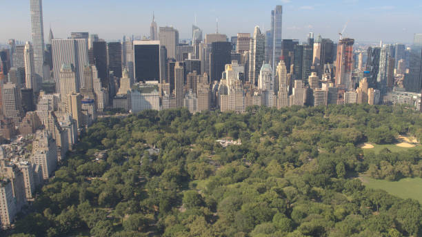 istock AERIAL: Flying above the Central park towards Downtown Manhattan skyscrapers 1078044208