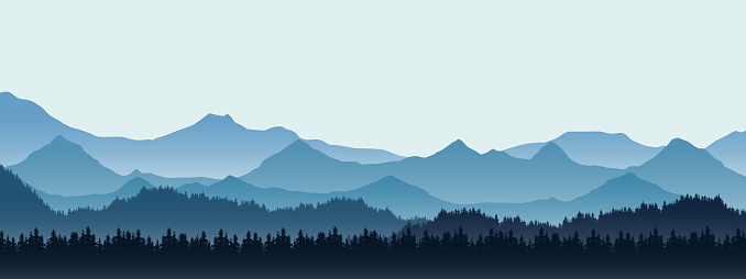 Realistic illustration of mountain landscape with hill and forest with coniferous trees, under blue winter sky with space for text - vector