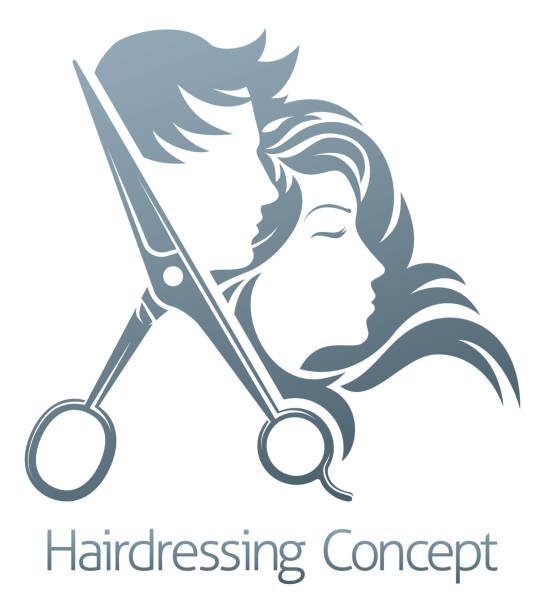 ilustrações de stock, clip art, desenhos animados e ícones de hairdresser hair salon scissors man woman concept - hairstyle human hair women retro revival