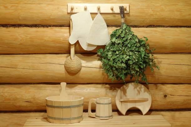 sauna and bath accessories. - wooden hub imagens e fotografias de stock