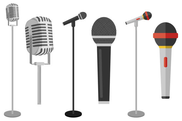 ilustraciones, imágenes clip art, dibujos animados e iconos de stock de tres micrófonos en mostrador. micrófono con soporte de vector sobre fondo blanco. set de micrófonos en mostrador. - microphone