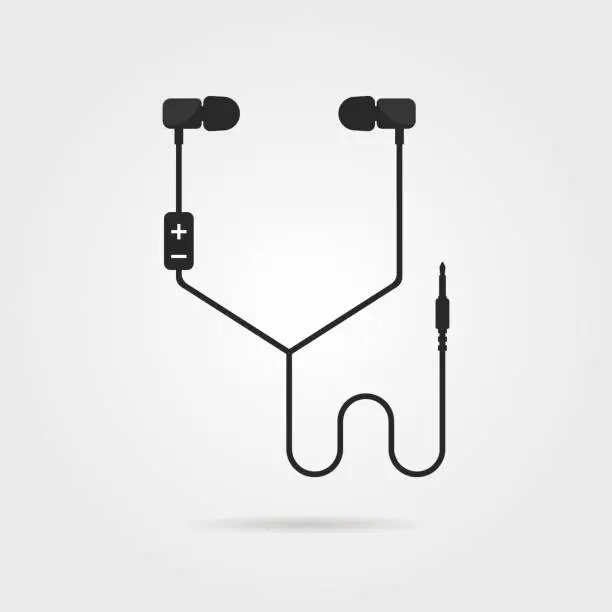 Vector illustration of black earphones with shadow