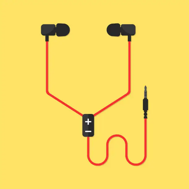 Vector illustration of earphones isolated on yellow background