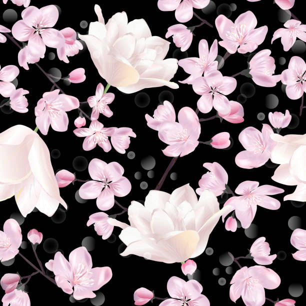 векторный ботанический бесшовный узор с цветущей сакурой и тюльпанами на черном. - health spa gift backgrounds greeting card stock illustrations