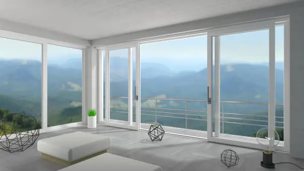 3d illustration. Interior of a modern villa. Panoramic sliding windows and doors. Loft. House or hotel on the sea. Natural landscape. Mountain chalet