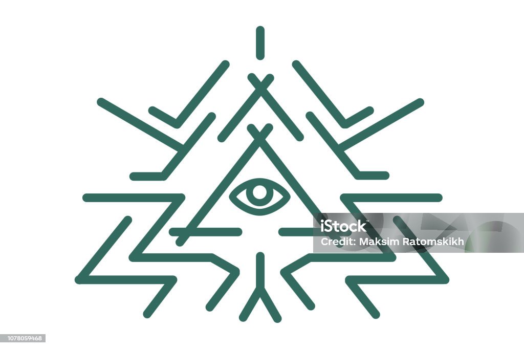 All seeing eye and magic symbol inside triangle. Abstract stock vector