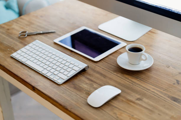 istock Picture of office desk with tablet computer and other accessories 1078071288