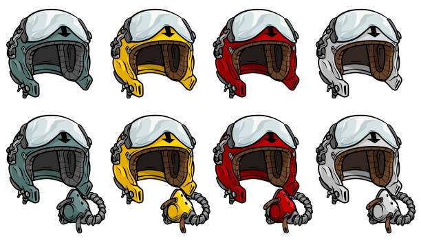 ilustraciones, imágenes clip art, dibujos animados e iconos de stock de conjunto de iconos de vector de dibujos animados aviador piloto casco - casco militar