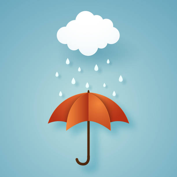istock orange umbrella with rain, rainy season, paper art style 1078083912