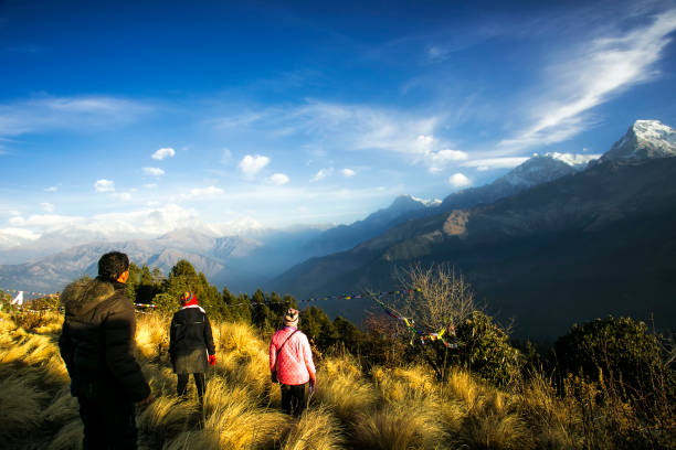 Annapurna, Nepal, December 28, 2015. a Group tourist walking and hiking in Annapurna Conservation area