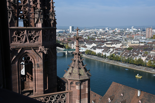 Panoramic view over Basel City with the River Rhine. The Image was captured during autumn season.