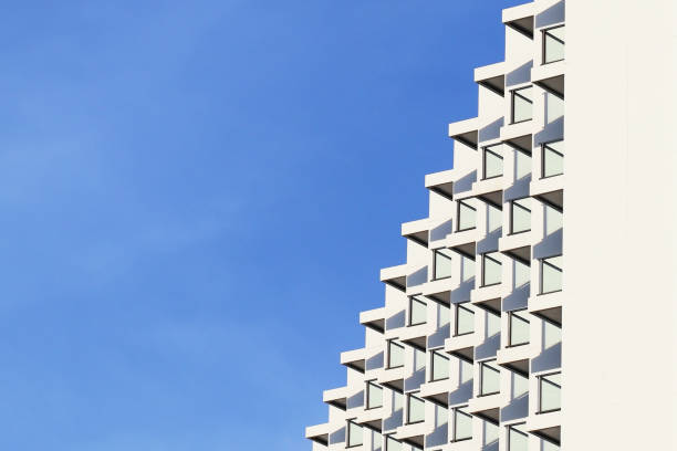 istock Balcony of building, exterior geometric abstract, with clear blue sky. 1078095232