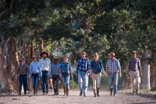 group of ranchers walkers - agriculture teamwork farmer people imagens e fotografias de stock