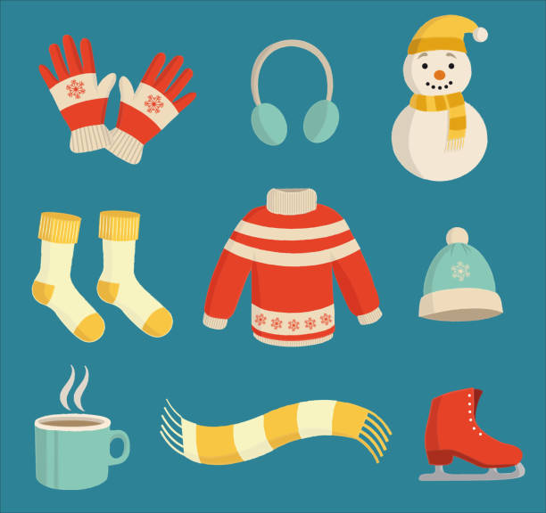 illustrazioni stock, clip art, cartoni animati e icone di tendenza di set di elementi essenziali invernali - sock wool multi colored isolated
