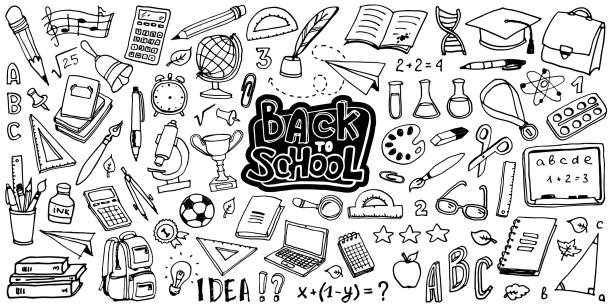 illustrazioni stock, clip art, cartoni animati e icone di tendenza di disegnato a mano per lo schizzo del doodle della scuola - globe and alarm clock