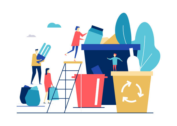 Waste sorting - flat design style colorful illustration Waste sorting - flat design style colorful illustration on white background. High quality composition with man, woman throwing litter, recycling garbage. Images of bins for glass, plastic, lightbulbs trash illustrations stock illustrations