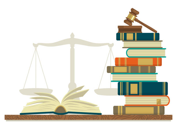 ilustraciones, imágenes clip art, dibujos animados e iconos de stock de estudios de derecho. pila de libros con gafas, libro abierto y juez martillo foto - legal system law justice backgrounds