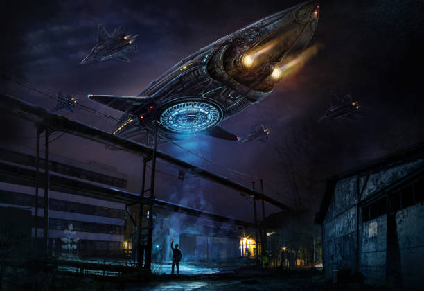 Industrial landscape with strange flying object vector art illustration