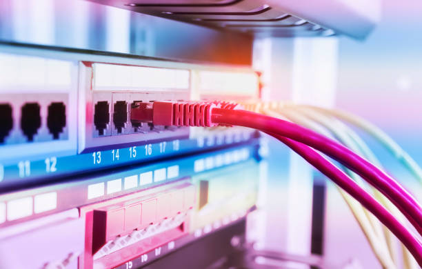 server rack with blue and red internet patch cord cables connected to black patch panel in data server room - network server rack computer black imagens e fotografias de stock