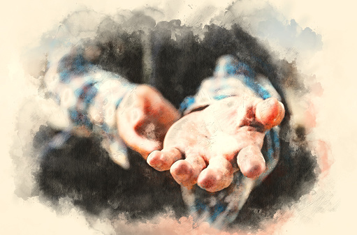 Close up hand of homeless man on walking street in the capital city on watercolor painting background.