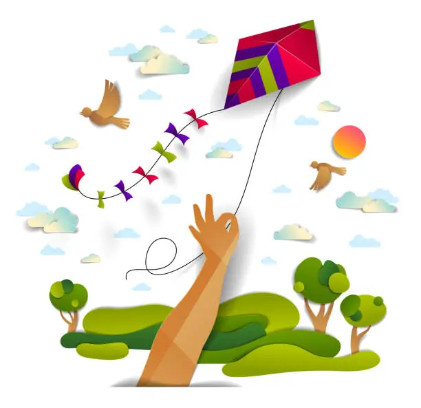Vector illustration of Hand holding kite over cloudy sky birds flying and sun, meadows and trees scenic nature landscape, freedom and easiness emotional concept, vector modern style paper cut 3d illustration.