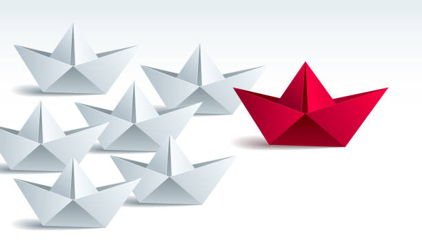 Leadership concept visualized with origami folded ship toys one of them is swimming in the front and leading the team group, vector modern style 3d realistic illustration. Leadership concept visualized with origami folded ship toys one of them is swimming in the front and leading the team group, vector modern style 3d realistic illustration. armada stock illustrations