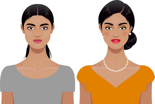 Woman transformation Young woman before and after makeup. black hair illustrations stock illustrations