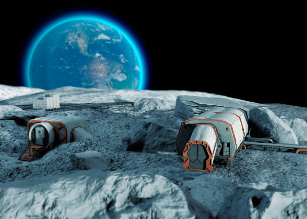 istock Lunar base, spatial outpost. First settlement on the moon. Space missions. Living modules for the conquest of space 1078118066