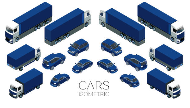 illustrations, cliparts, dessins animés et icônes de icônes de voiture. plat de transports urbains de 3d isométrique de haute qualité. berline, camionnette, camion de cargaison, off-road. ensemble de public urbain et le transport de marchandises. livraison et transport - isometric truck traffic semi truck