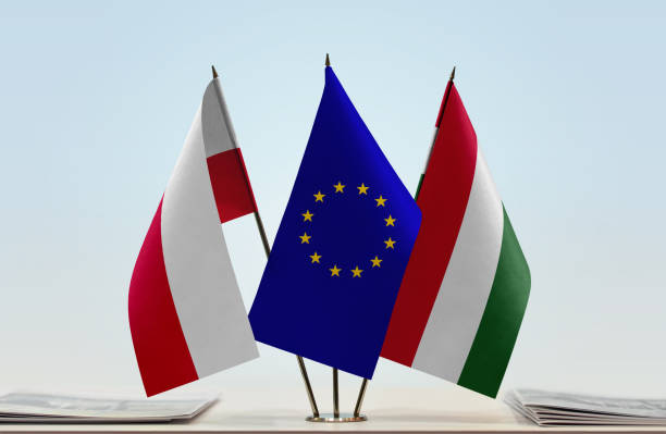 Flags of Poland European Union and Hungary stock photo
