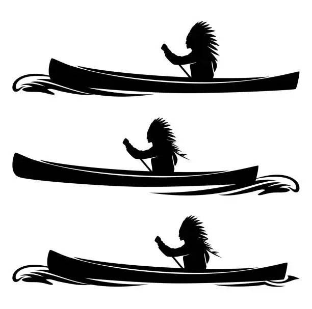 Vector illustration of native american chief rowing in canoe boat vector silhouette