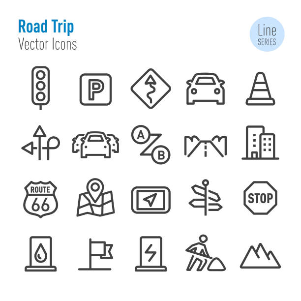 ilustraciones, imágenes clip art, dibujos animados e iconos de stock de carretera viaje iconos - vector línea serie - construcción de carretera