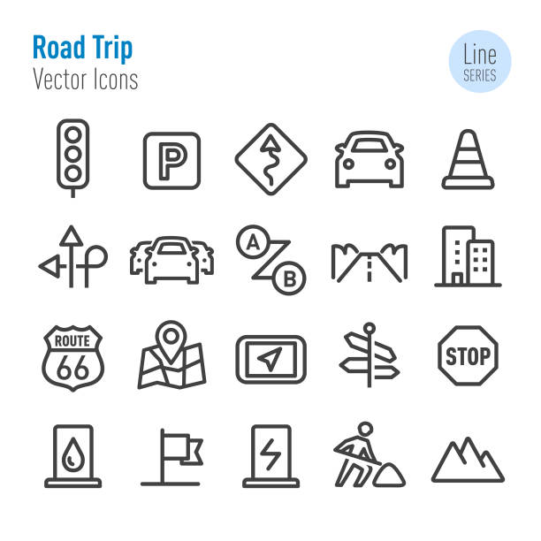 illustrazioni stock, clip art, cartoni animati e icone di tendenza di icone del viaggio su strada - vector line series - road construction immagine