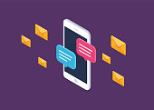 istock Mobile phone chat message notifications vector icon isolated line outline, smartphone chatting bubble speeches pictogram, concept of online talking, speak messaging, conversation, dialog symbol, isometric illustration. 1078141144