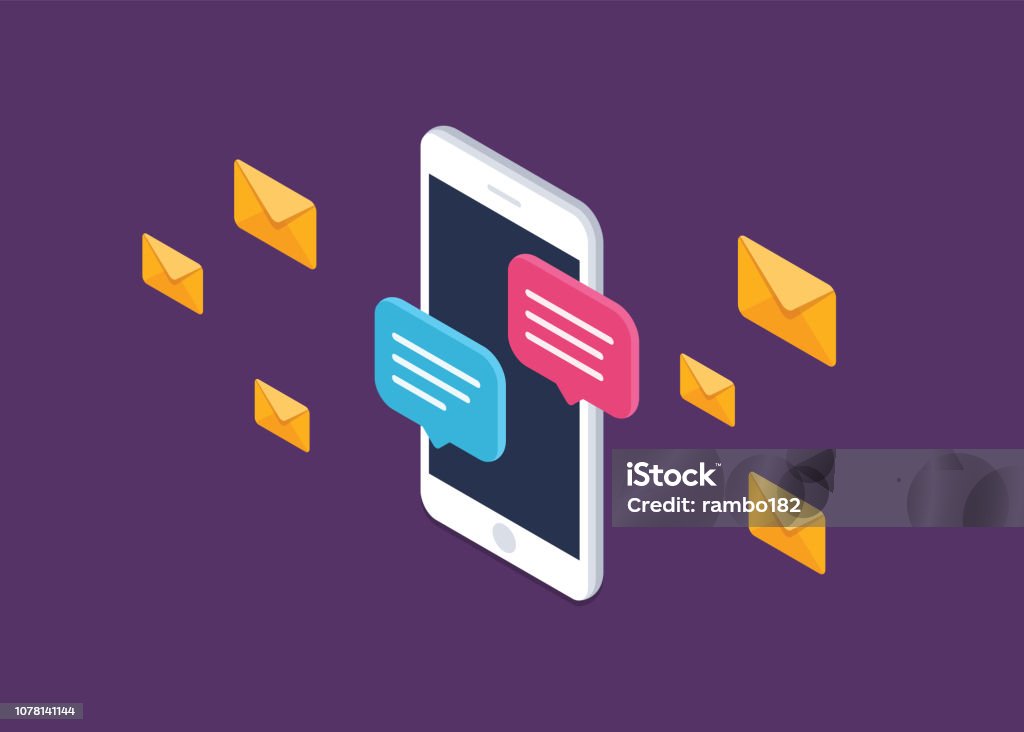Mobile phone chat message notifications vector icon isolated line outline, smartphone chatting bubble speeches pictogram, concept of online talking, speak messaging, conversation, dialog symbol, isometric illustration. Isometric, flat illustration. Isometric Projection stock vector