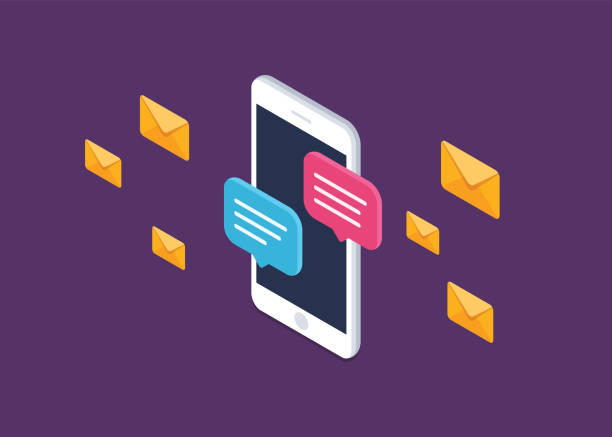 Mobile phone chat message notifications vector icon isolated line outline, smartphone chatting bubble speeches pictogram, concept of online talking, speak messaging, conversation, dialog symbol, isometric illustration. Isometric, flat illustration. photo messaging illustrations stock illustrations