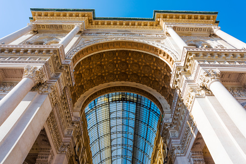 Interior of the Vittorio Emanuele II Gallery on square Duomo, in the city center of Milan, Italy