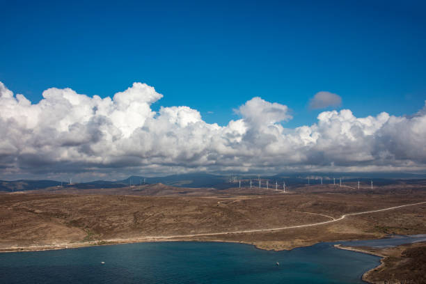 wind turbine farm from a high angle with dramatic clouds