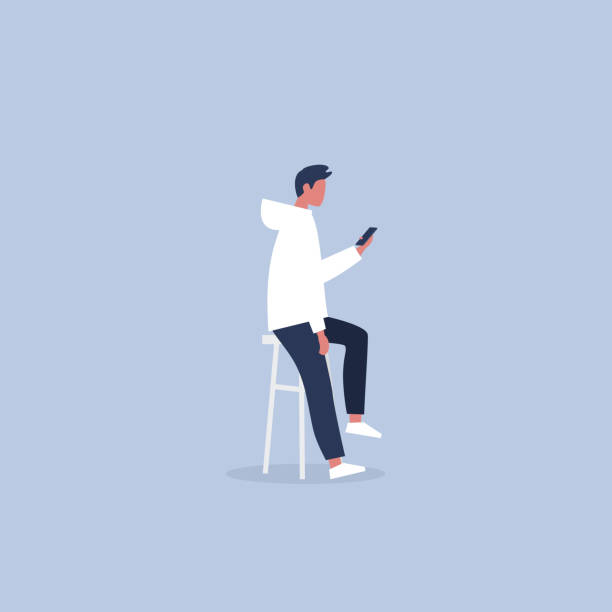 Young male character sitting on the bar stool and holding a smartphone. Millennial lifestyle. Social media. Flat editable vector illustration, clip art Young male character sitting on the bar stool and holding a smartphone. Millennial lifestyle. Social media. Flat editable vector illustration, clip art millennials stock illustrations