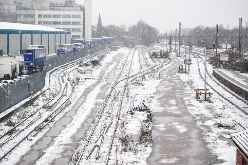 Welwyn Garden City, UK - 27 December, 2017 - Welwyn Garden City railway station and Broadwater industrial area covered in winter snow