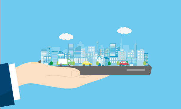 smart city,hand and smartphone,vector illustration smart city,hand,smartphone,IoT mobility as a service stock illustrations