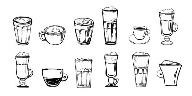 rodzaje napojów kawowych. ręcznie rysowany zestaw wektorowy szkicu. czarny kontur na białym tle - latté cafe macchiato glass cappuccino stock illustrations