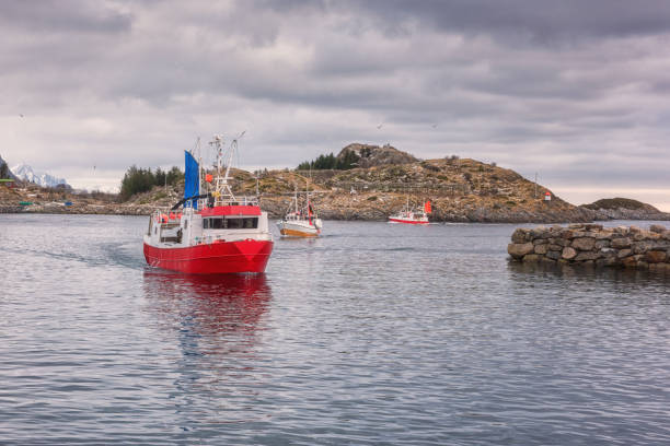 pueblo de pescadores henningsvaer en islas de lofoten, en la temporada de bacalao (skrei) del norte de noruega - lofoten henningsvaer norway village fotografías e imágenes de stock