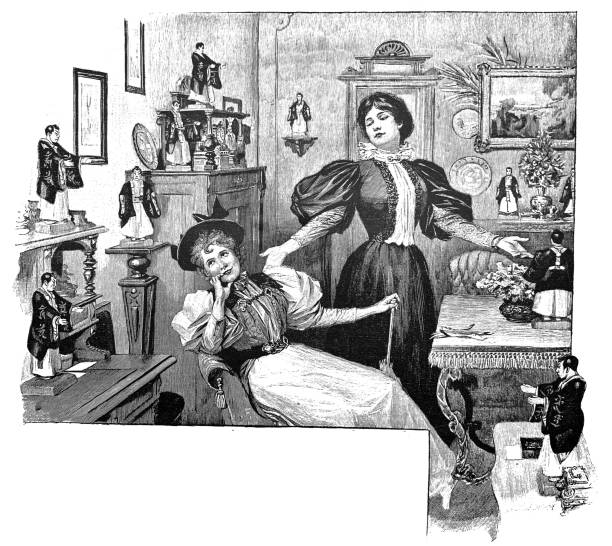 illustrations, cliparts, dessins animés et icônes de clientèle féminine cherche dans un magasin avec des figurines chinoises - 1896 - women young women white background eastern europe