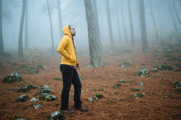 istock Man walking in the foggy forest 1078156940