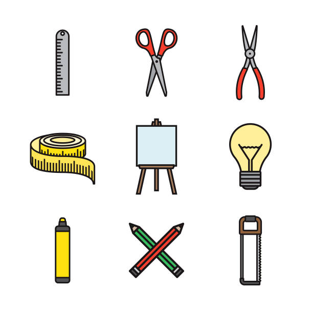 ilustrações, clipart, desenhos animados e ícones de elaboração de conjunto de ícones de linha fina de suprimentos - scrapbooking office supply art and craft equipment scissors